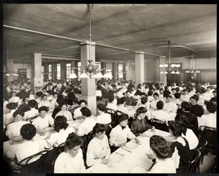 Mujeres sentadas para una comida en el comedor de la Metropolitan Life Insurance Co. en la calle 23 y la avenida Madison, Nueva York, 1907